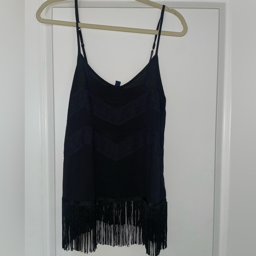 American eagle outfitters. Black spaghetti strap lace detailing w/ bottom fringe